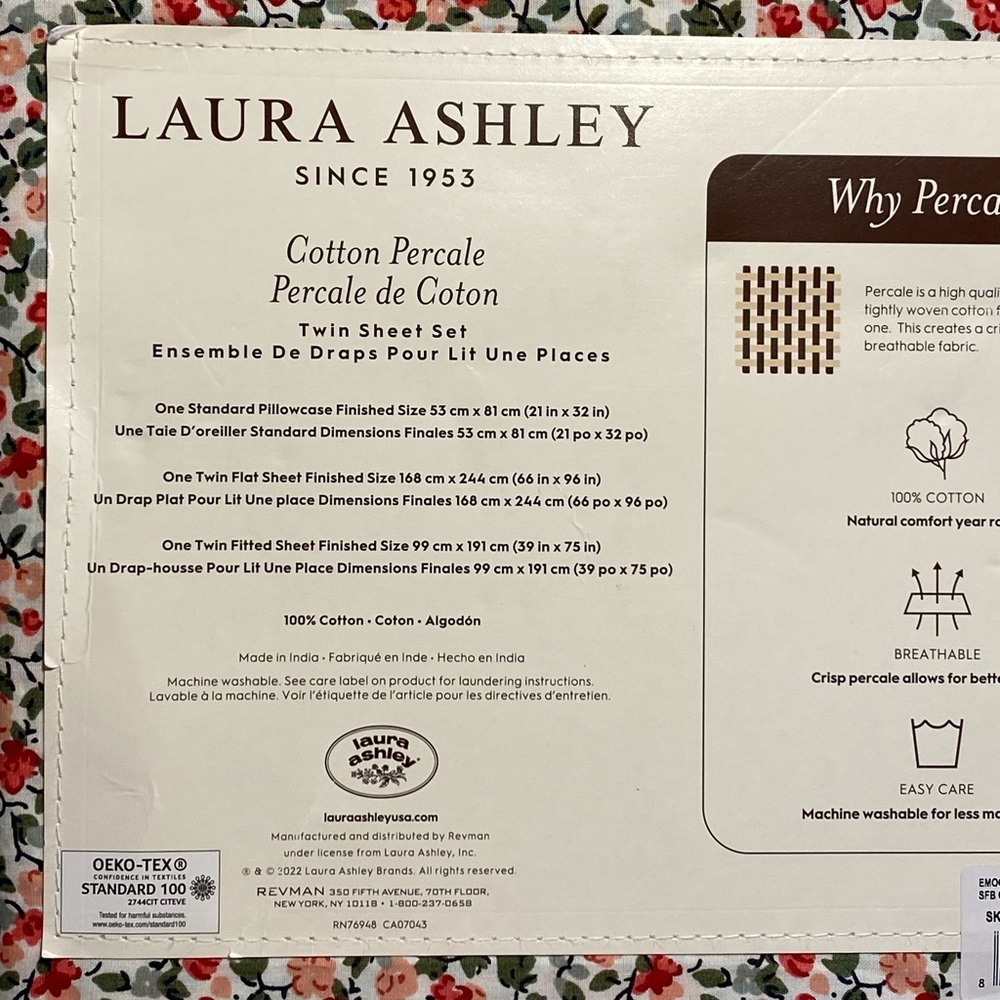 Laura Ashley EMOGENE Red Green White Floral Cotton Percale TWIN Sheet Set 3 pc - Picture 9 of 9